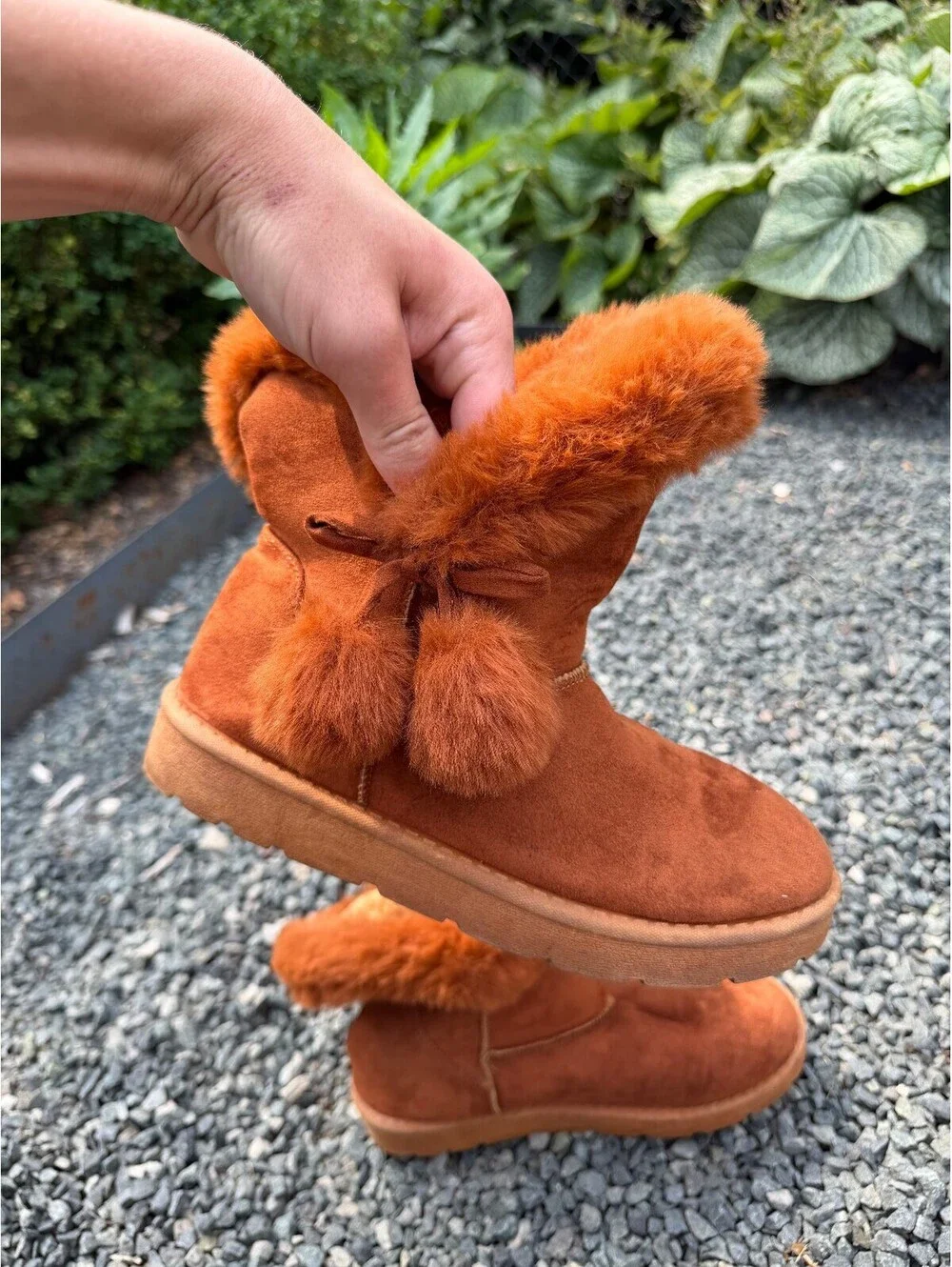 Rust Orange Faux Fur Pom-Pom Winter Boots Size 8